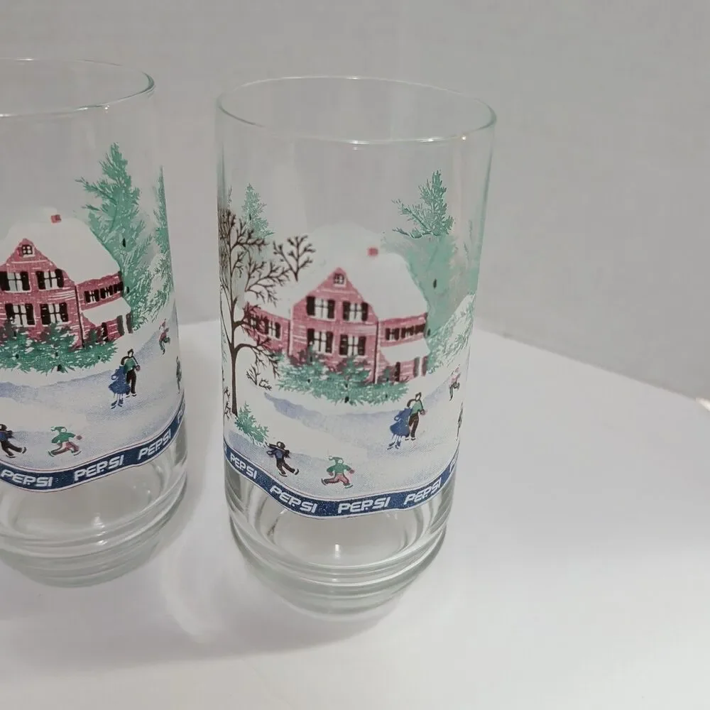 Vtg Pepsi Holiday 16oz Glasses Set of 6 Winter Cabin Snow Scene Retro